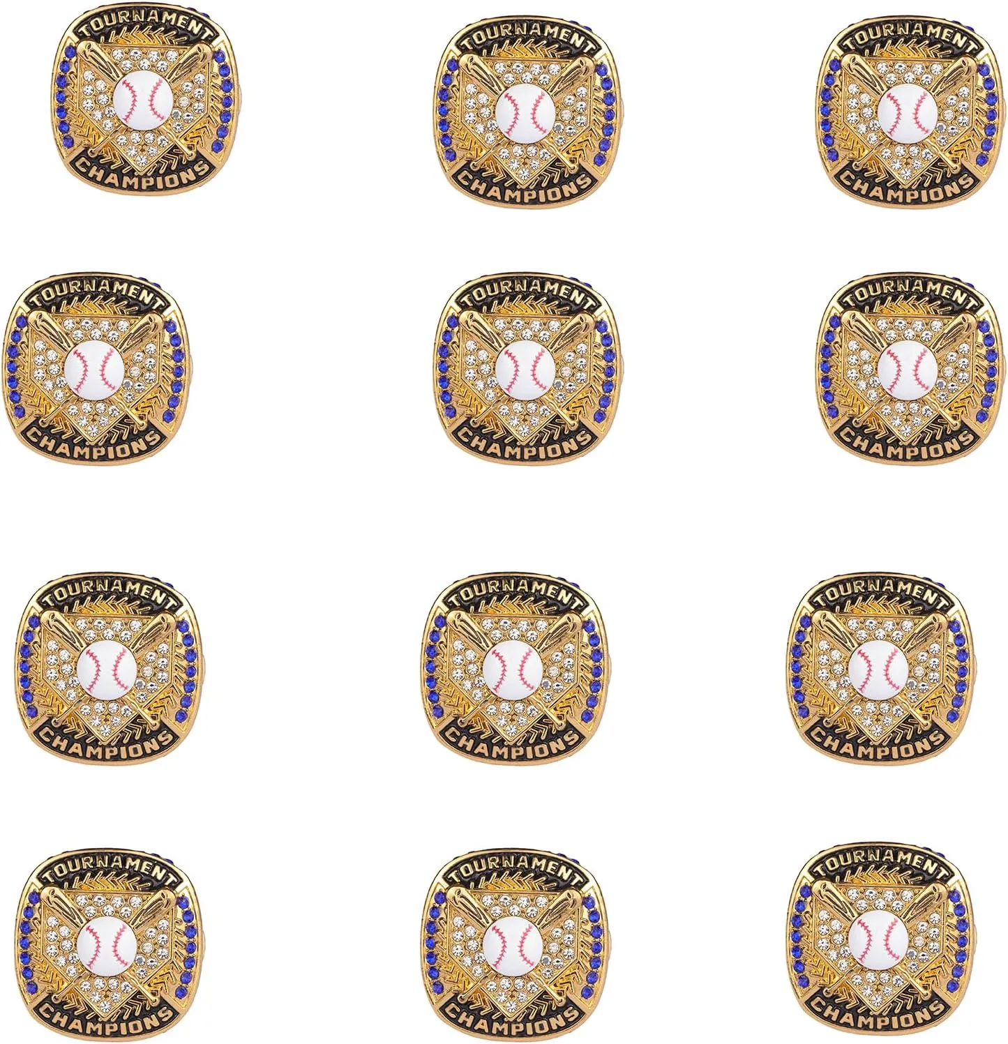 12 pcs Pack Baseball Tournament White Gold & Silver Championship Ring Trophy on Side Size 9