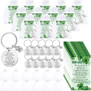 12 Sets Shamrock Keychain Gifts Bulk Employee Appreciation Four Leaf Clover Keychains for Coworker Thank You Lucky Gifts with Good Luck Cards and Organza Bags