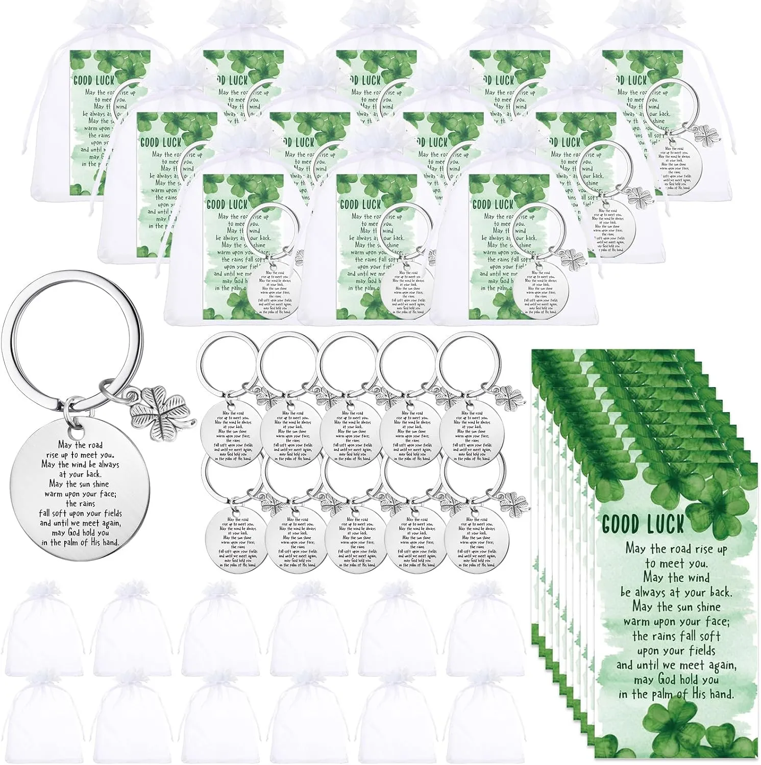 12 Sets Shamrock Keychain Gifts Bulk Employee Appreciation Four Leaf Clover Keychains for Coworker Thank You Lucky Gifts with Good Luck Cards and Organza Bags