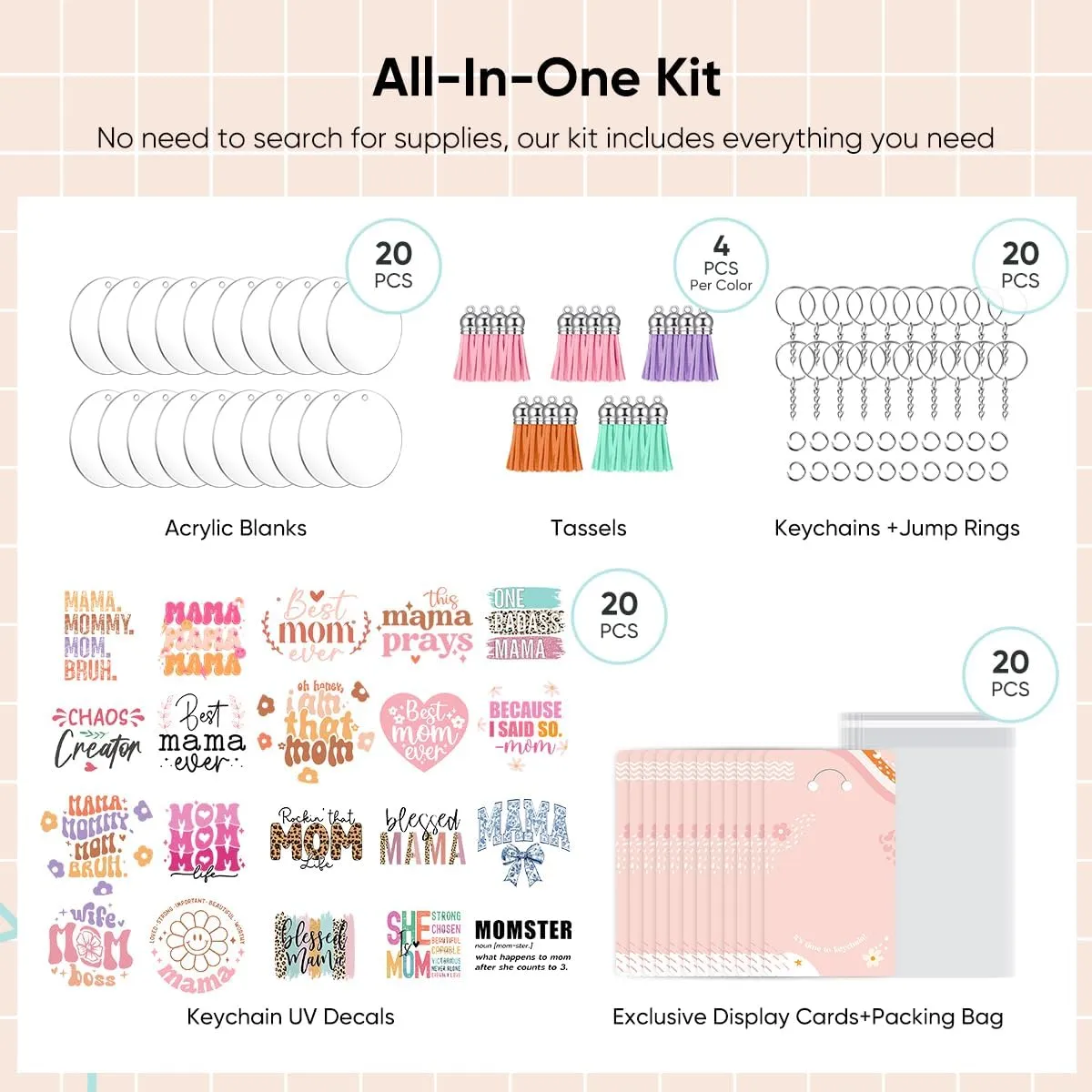 140 PCS Acrylic Keychain Blank Set, Mama Double-Sided UV DTF Stickers Acrylic Keychain Making Kits for Vinyl DIY Craft Project