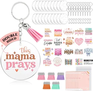 140 PCS Acrylic Keychain Blank Set, Mama Double-Sided UV DTF Stickers Acrylic Keychain Making Kits for Vinyl DIY Craft Project