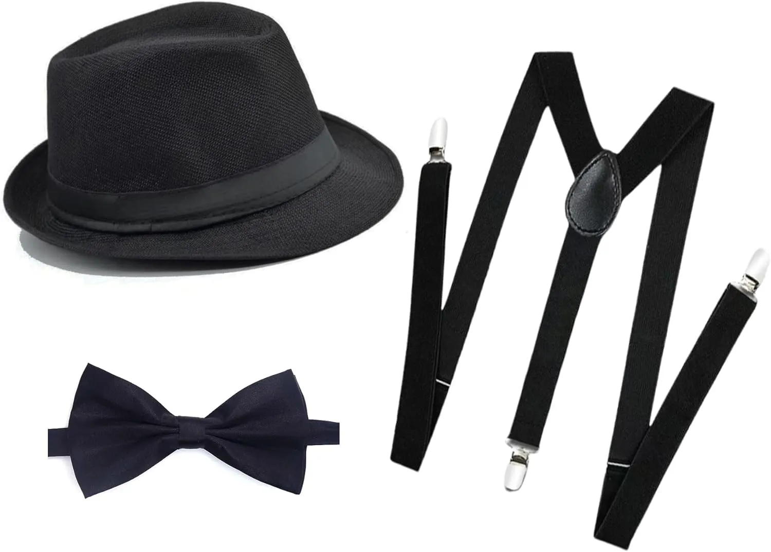 1920s Mens Costume Fedora Hat Gatsby Gangster Accessories Suspenders & Pre Tied Bow Tie