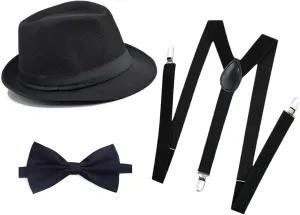 1920s Mens Costume Fedora Hat Gatsby Gangster Accessories Suspenders & Pre Tied Bow Tie
