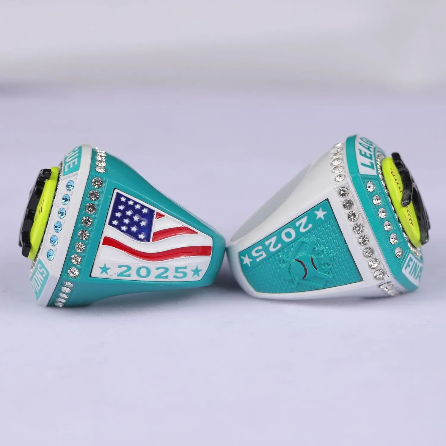 2 pcs 10 pcs Pack Date 2025" on Sides League Softball Home Plate White Teal Series Championship Trophy Ring Size 9.5
