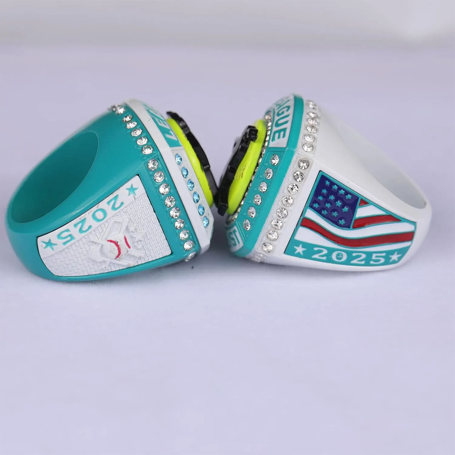 2 pcs 10 pcs Pack Date 2025" on Sides League Softball Home Plate White Teal Series Championship Trophy Ring Size 9.5
