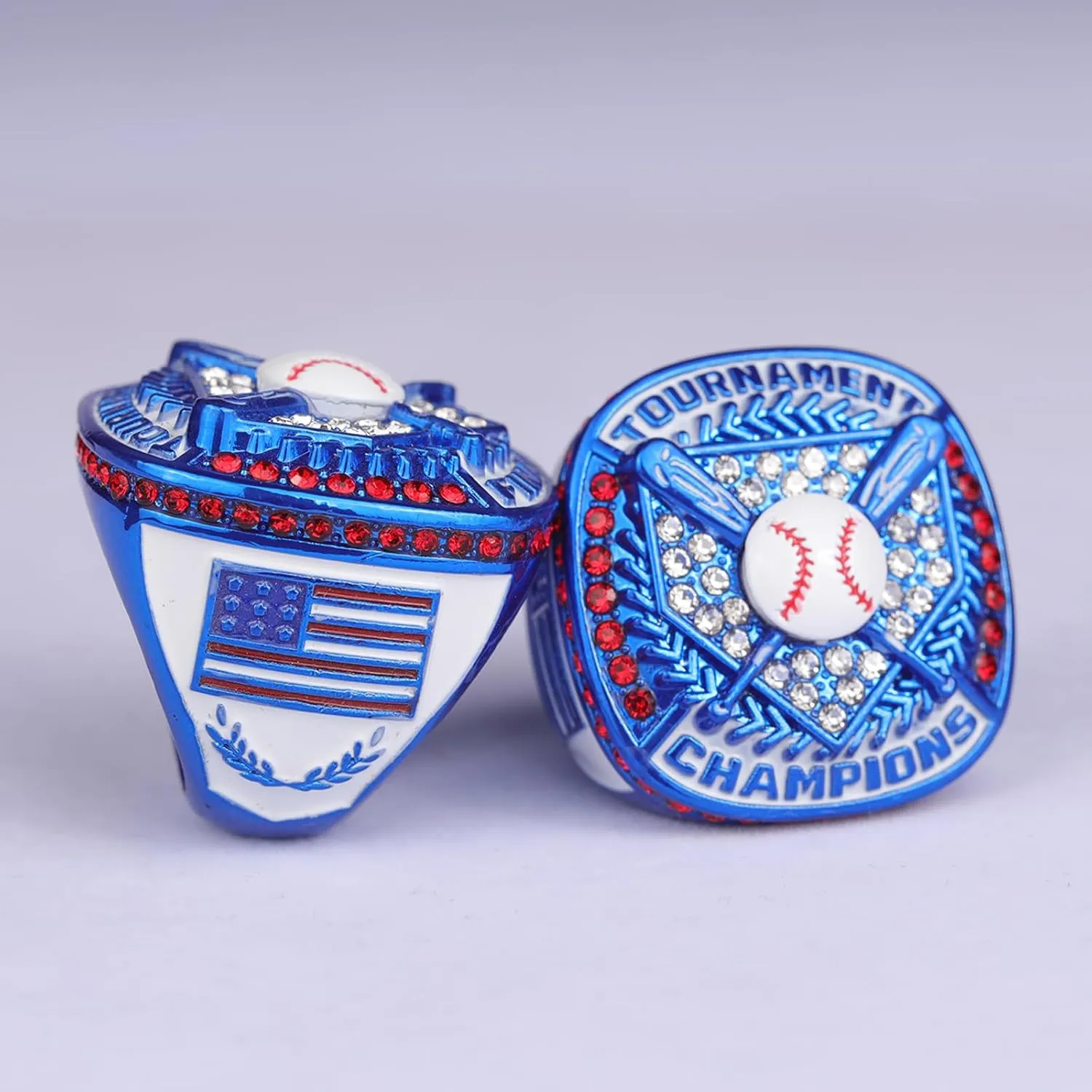2 pcs, 12 pcs Pack Baseball Tournament Blue Championship Ring Trophy on Side Size 9