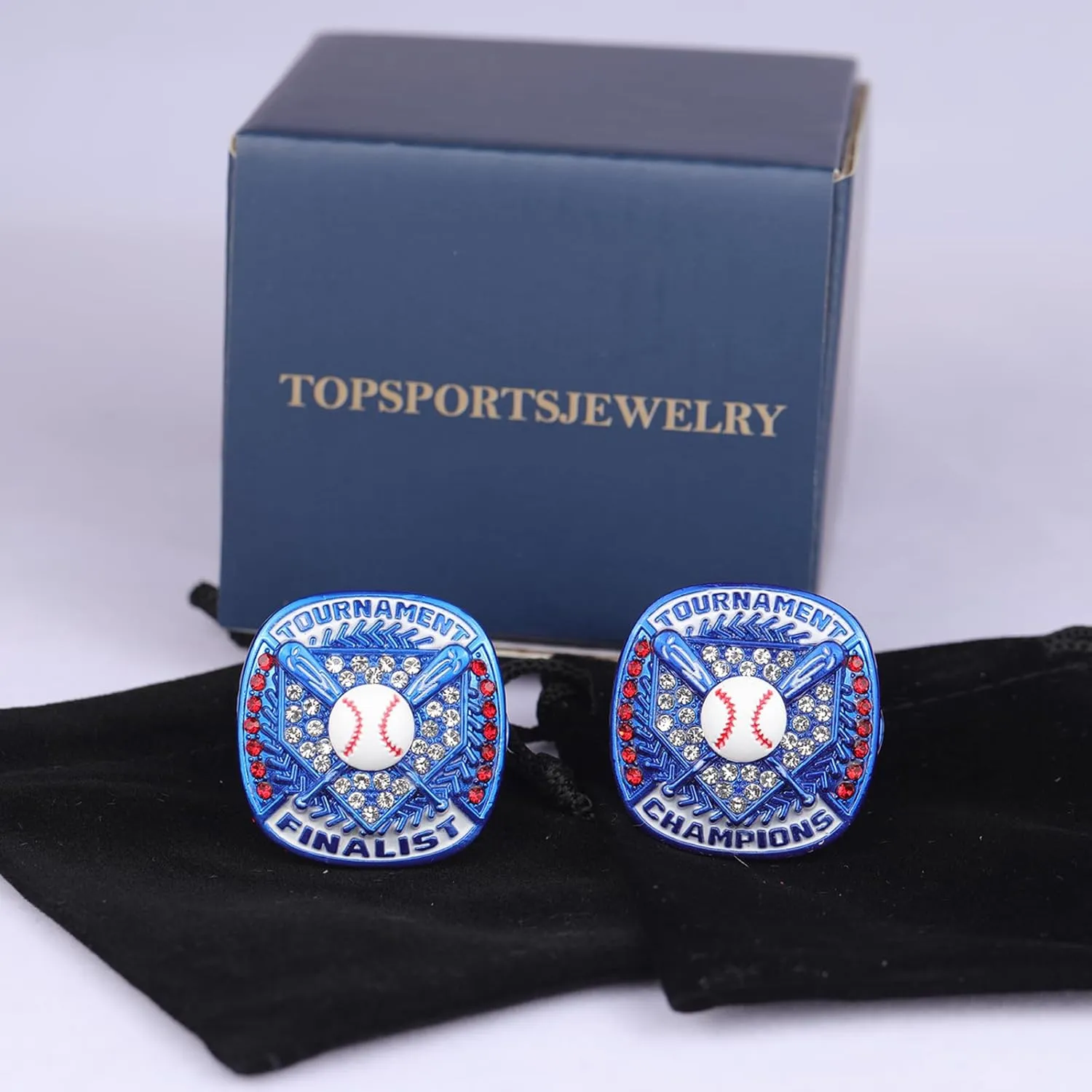2 pcs, 12 pcs Pack Baseball Tournament Blue Championship Ring Trophy on Side Size 9