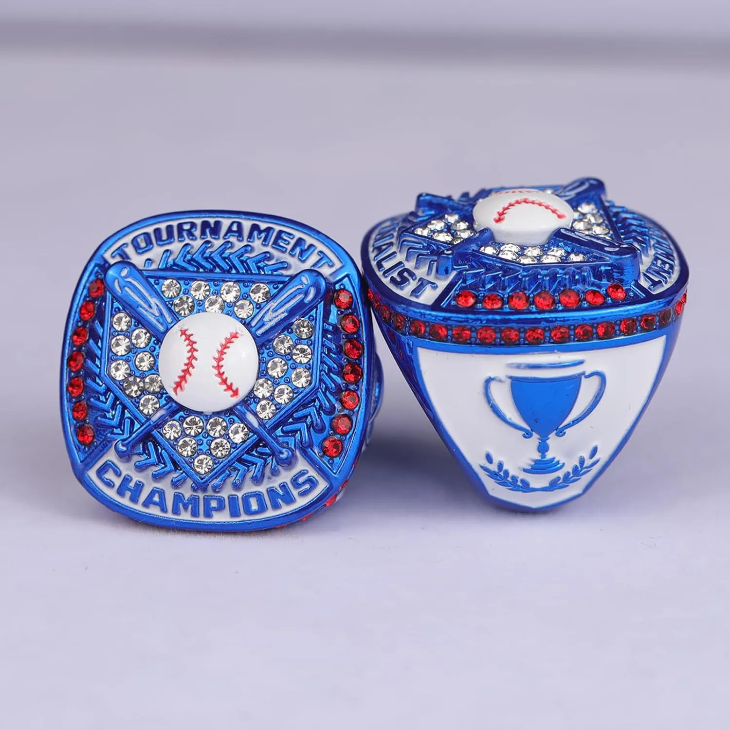 2 pcs, 12 pcs Pack Baseball Tournament Blue Championship Ring Trophy on Side Size 9