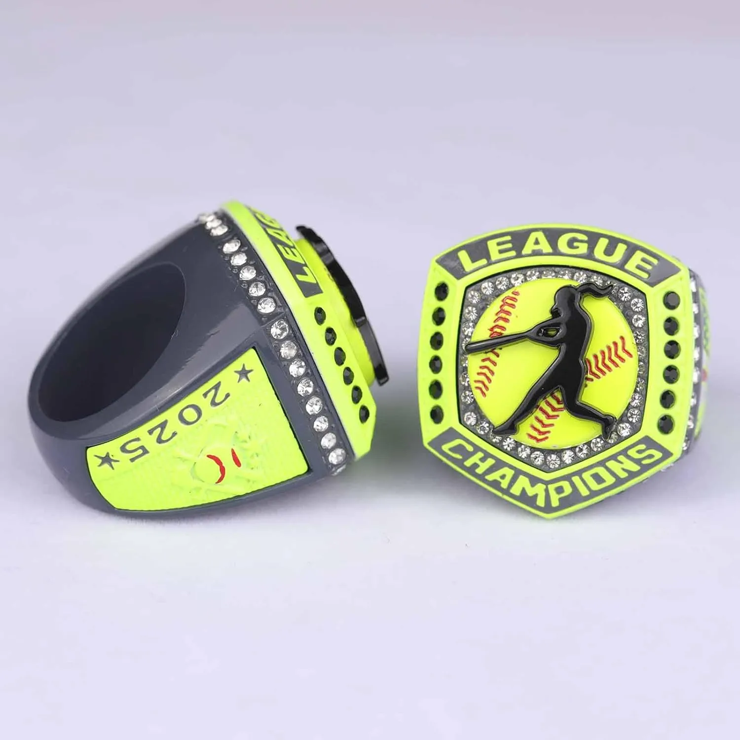 2 pcs 12 pcs Pack,2025 League Softball Home Plate Grey yellos Pink & Light Blue Series Championship Trophy Ring Size 9.5