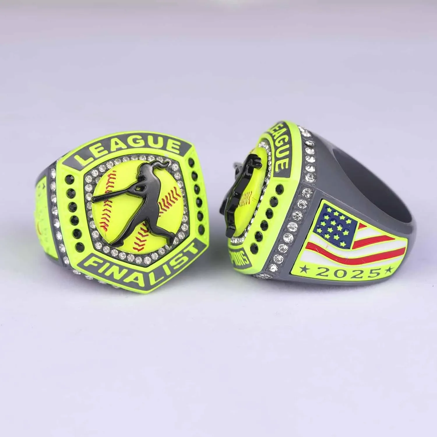 2 pcs 12 pcs Pack,2025 League Softball Home Plate Grey yellos Pink & Light Blue Series Championship Trophy Ring Size 9.5