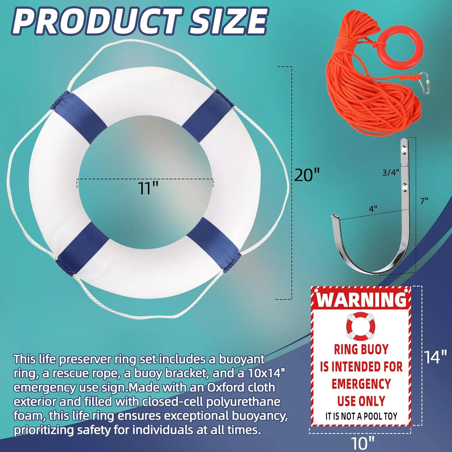 20/28 inch Foam Life Preserver Ring with 98.4 ft Floating Lifesaving Rope, Throwable Flotation Device, for Boat Safety Equipment