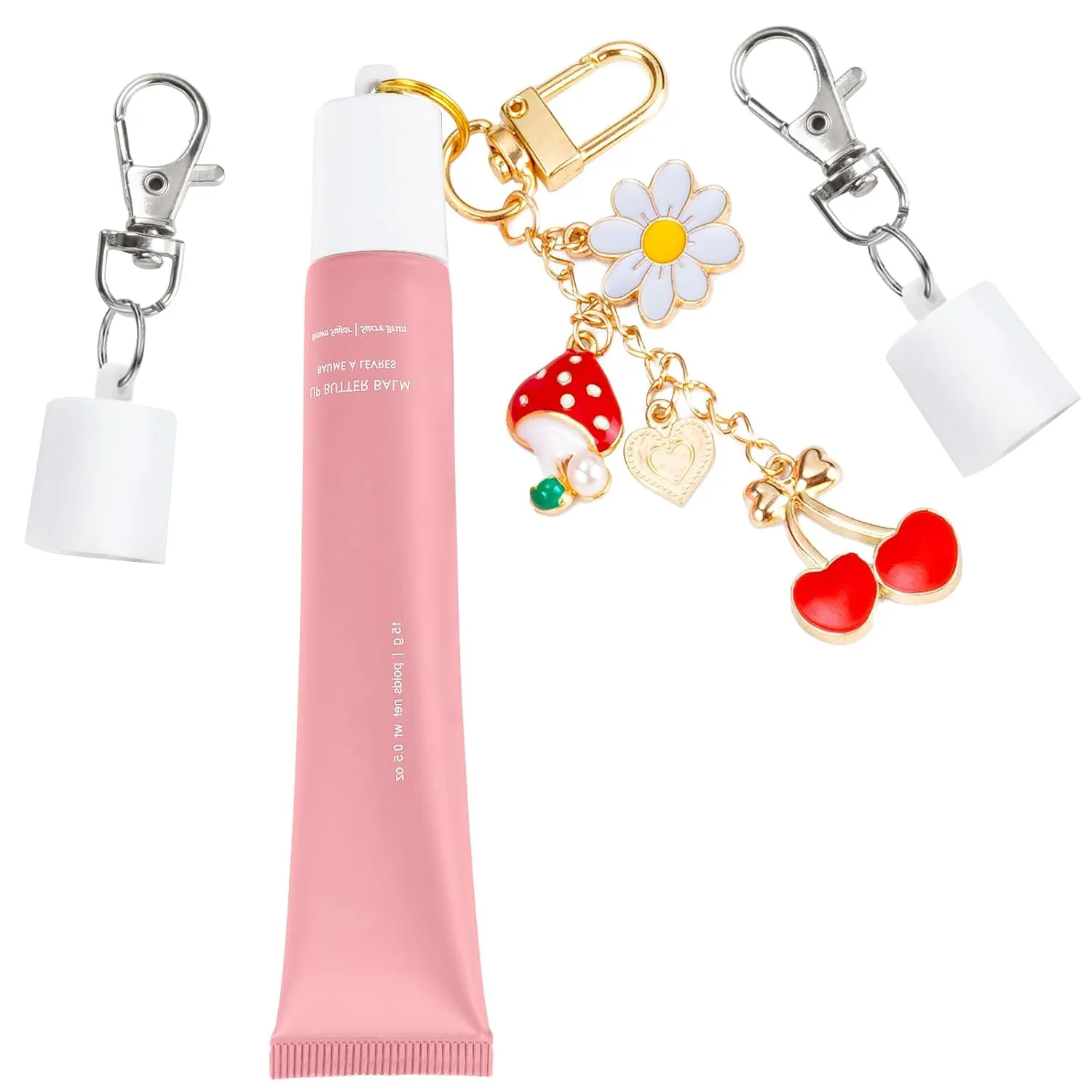 3 Pack Keychain Cap Compatible with Summer Fridays 0.5 oz Lip Balm, Portable Holder Cherry & Strawberries Charm Keychain Cap for Lip Balm