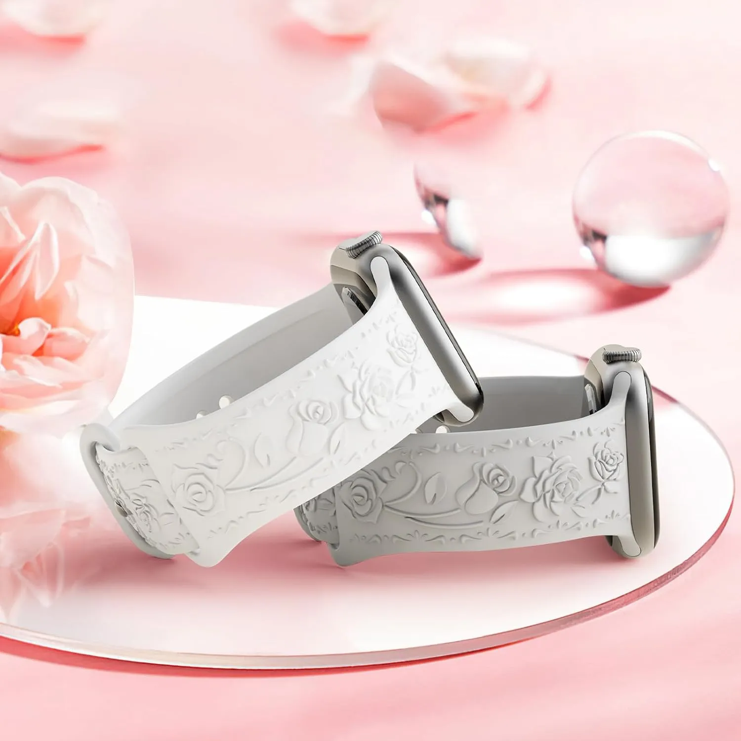 3 Packs Floral Engraved Bands Compatible with Apple Watch Band 40mm 41mm 38mm 42mm 44mm 45mm 46mm 49mm Women, Soft Silicone Cute Embossed Rose Apple Watch Band for iWatch Series 10 9 8 7 SE 6 5 4 3 2