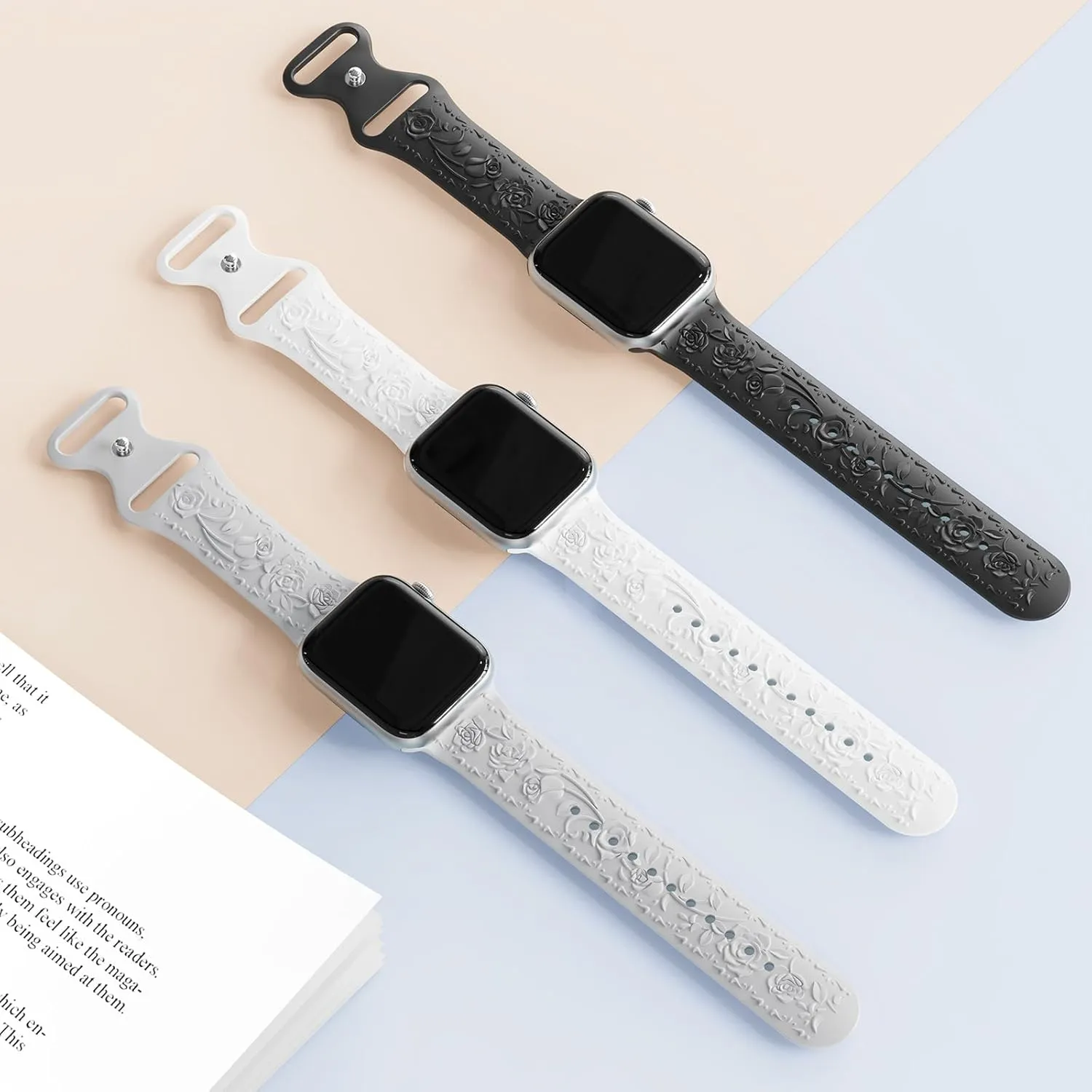 3 Packs Floral Engraved Bands Compatible with Apple Watch Band 40mm 41mm 38mm 42mm 44mm 45mm 46mm 49mm Women, Soft Silicone Cute Embossed Rose Apple Watch Band for iWatch Series 10 9 8 7 SE 6 5 4 3 2