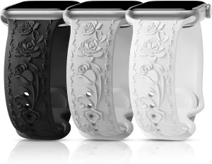 3 Packs Floral Engraved Bands Compatible with Apple Watch Band 40mm 41mm 38mm 42mm 44mm 45mm 46mm 49mm Women, Soft Silicone Cute Embossed Rose Apple Watch Band for iWatch Series 10 9 8 7 SE 6 5 4 3 2