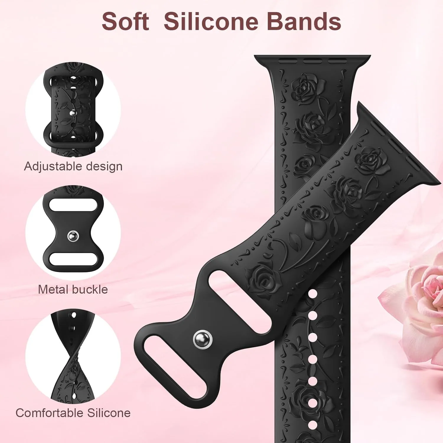 3 Packs Floral Engraved Bands Compatible with Apple Watch Band 40mm 41mm 38mm 42mm 44mm 45mm 46mm 49mm Women, Soft Silicone Cute Embossed Rose Apple Watch Band for iWatch Series 10 9 8 7 SE 6 5 4 3 2