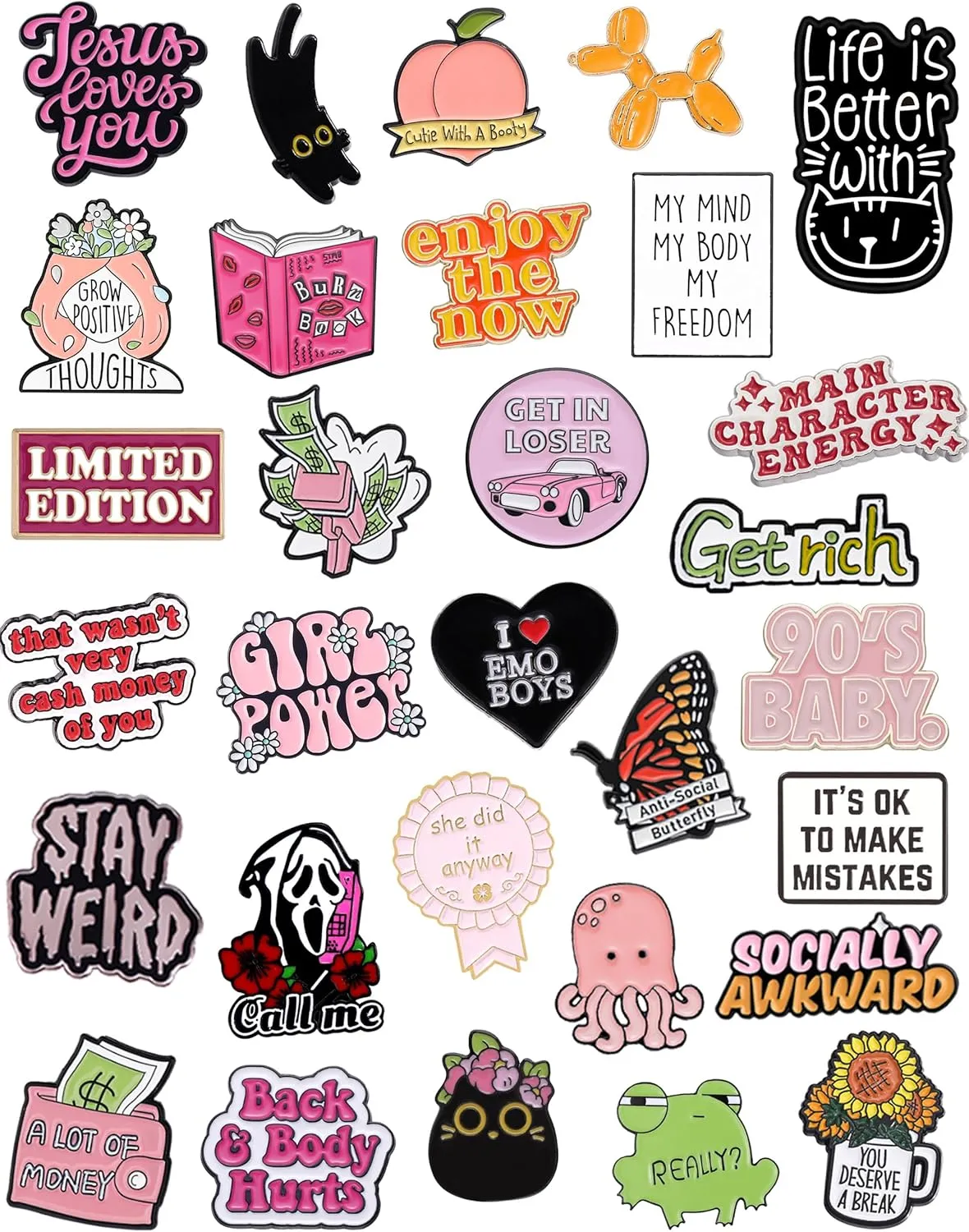 30 PCS Positive Enamel Pins Cute Enamel Pins Bulk Aesthetic Hat Pins for Backpacks, Funny Brooch Lapel Pin Set for Women Bags, Landyards, Shoes