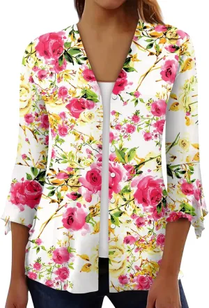 3/4 Sleeve Cardigans for Women Lightweight Extra Soft Open Front Casual Vintage Floral Print Various Style Cardigan
