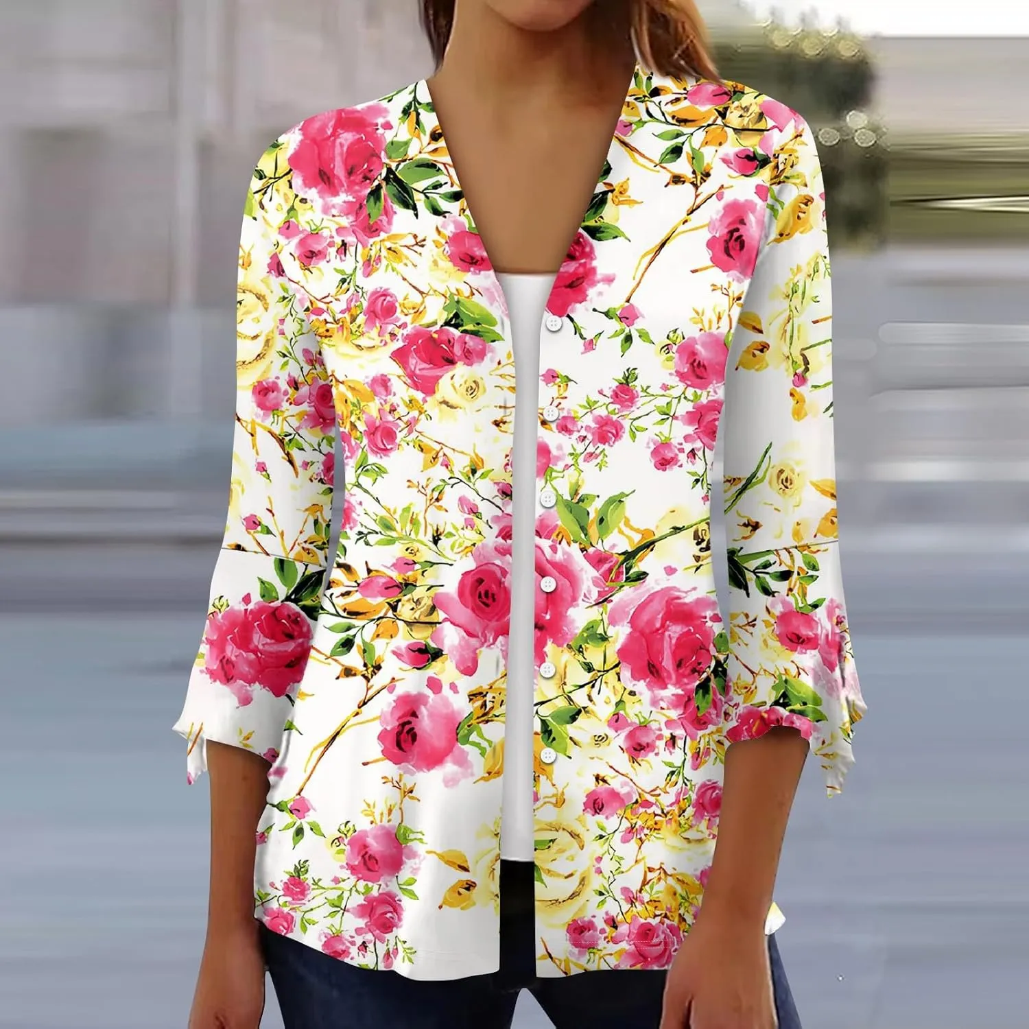3/4 Sleeve Cardigans for Women Lightweight Extra Soft Open Front Casual Vintage Floral Print Various Style Cardigan
