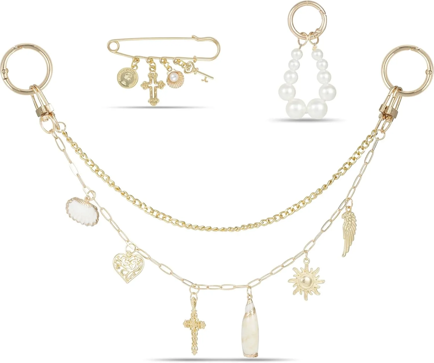 4-in-1 Bag Charms Set, Elegant Gold Purse Charms with Pearl Beads, Shell Pendant, and Safety Pin, Handbag Charm