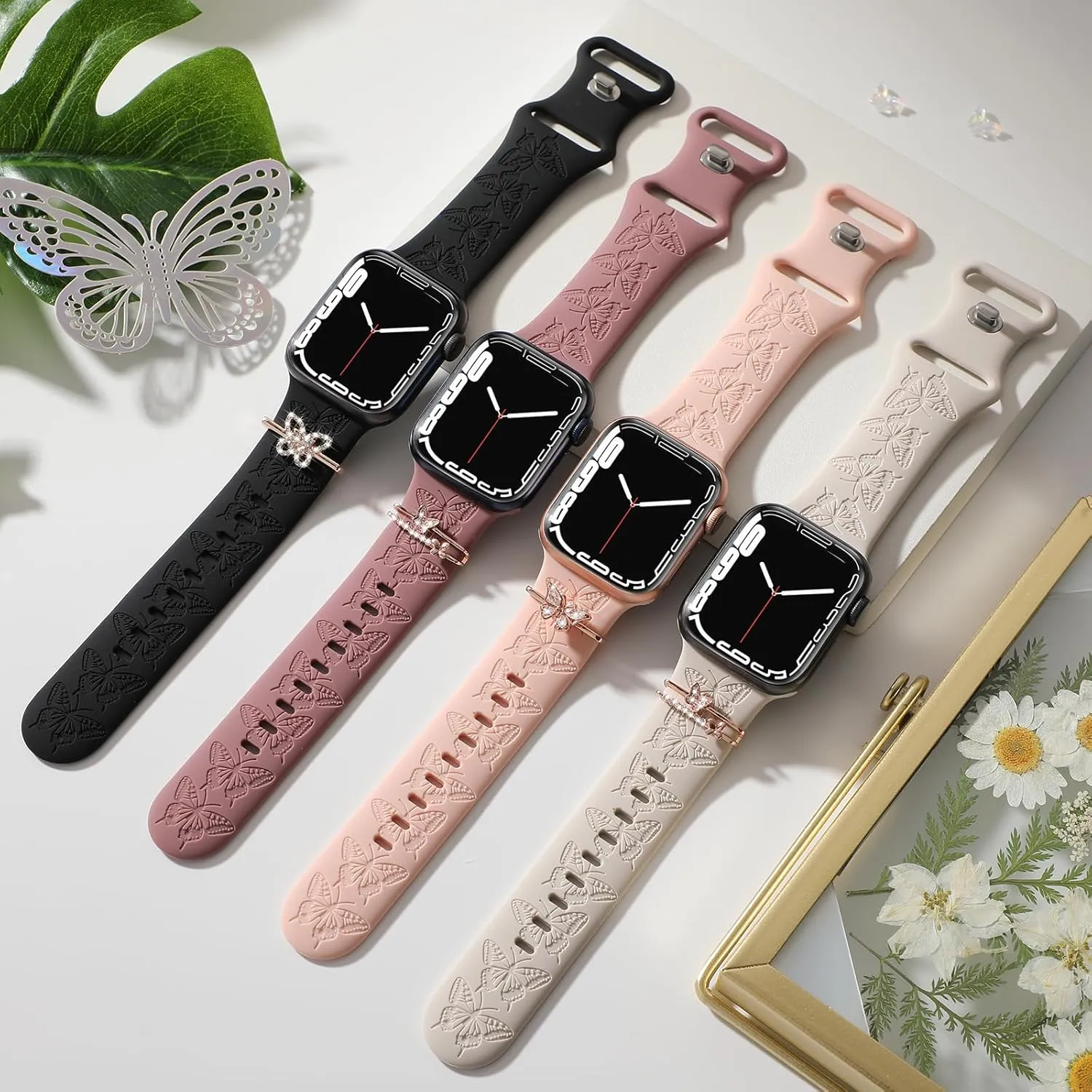 4 PACK Engraved Silicone Bands Compatible with Apple Watch Band 40mm 38mm 41mm 42mm 44mm 45mm 46mm 49mm Women Breathable Soft Cute Sport Replacement Strap for iWatch SE Series 10 9 8 7 6 5 4 3 2 1