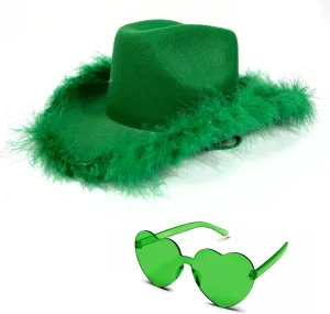 4E's Novelty Cowboy Hat with feathers With Heart Shaped Sunglasses for Women, Felt Cowgirl Hat for Party Costume Dress Up
