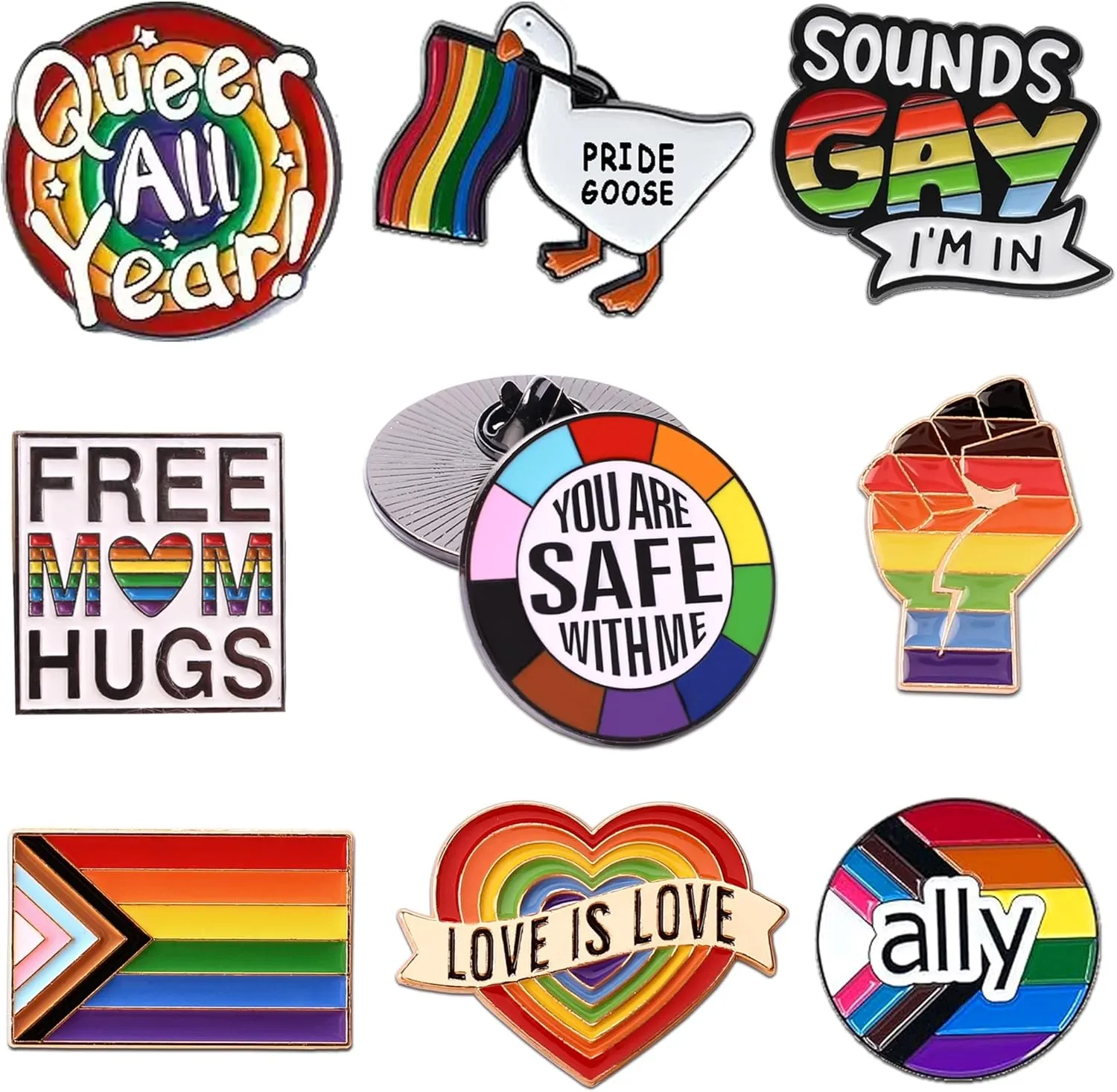 9 Pcs Pride Pins Bulk, You Are Safe With Me Gay Pride Month Enamel Pins Ally Rainbow Flag Lapel Brooch Pin LGBT Decoration Accossories for Backpacks Bags Lanyard Lesbian Trans Queer LGBTQ