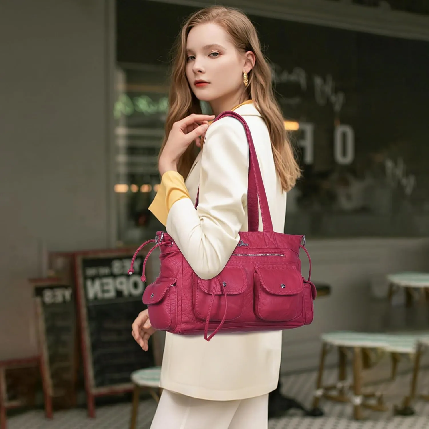 Angel Kiss Handbags for Women Soft Vegan Leather Purses Multiple Pockets Shoulder Bags Ladies Roomy Zippers Tote Bag