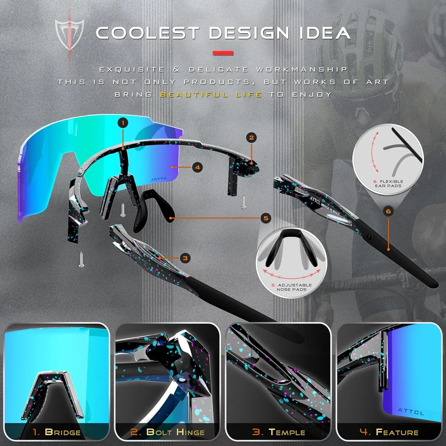 ATTCL Luxury Cycling Sunglasses for Men Women Sports Glasses,UV 400 Protection for Cycling, Skiing, Driving