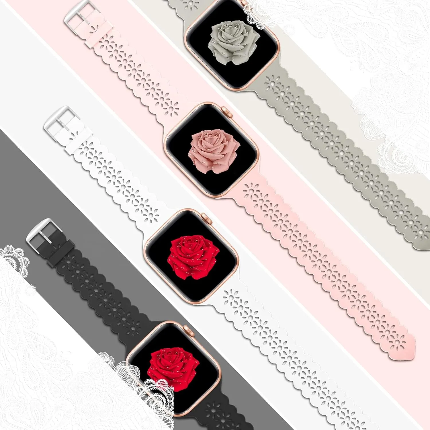 Bandiction 4 Pack Lace Silicone Bands Compatible with Apple Watch Band 38mm 40mm 41mm 42mm 44mm 45mm 46mm 49mm, Women Slim Thin Hollow-out Wristband for iWatch Series 10 9 Ultra 8 SE 7 6 5 4 3 2 1