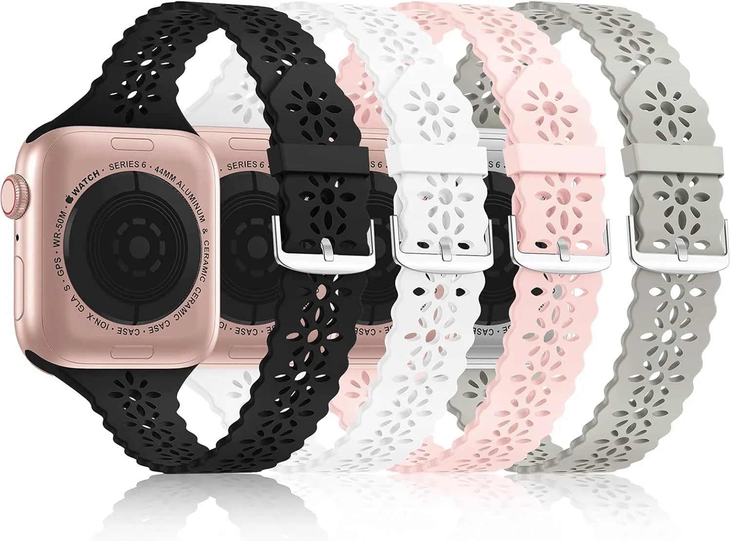 Bandiction 4 Pack Lace Silicone Bands Compatible with Apple Watch Band 38mm 40mm 41mm 42mm 44mm 45mm 46mm 49mm, Women Slim Thin Hollow-out Wristband for iWatch Series 10 9 Ultra 8 SE 7 6 5 4 3 2 1