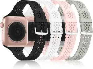 Bandiction 4 Pack Lace Silicone Bands Compatible with Apple Watch Band 38mm 40mm 41mm 42mm 44mm 45mm 46mm 49mm, Women Slim Thin Hollow-out Wristband for iWatch Series 10 9 Ultra 8 SE 7 6 5 4 3 2 1