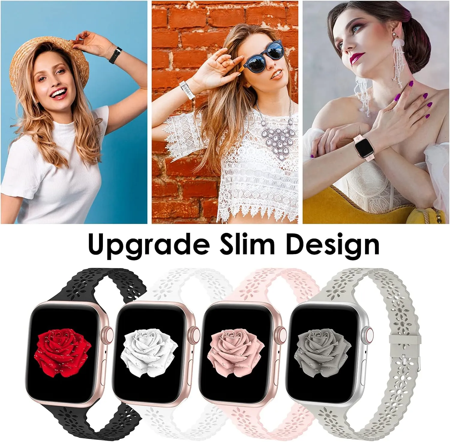 Bandiction 4 Pack Lace Silicone Bands Compatible with Apple Watch Band 38mm 40mm 41mm 42mm 44mm 45mm 46mm 49mm, Women Slim Thin Hollow-out Wristband for iWatch Series 10 9 Ultra 8 SE 7 6 5 4 3 2 1