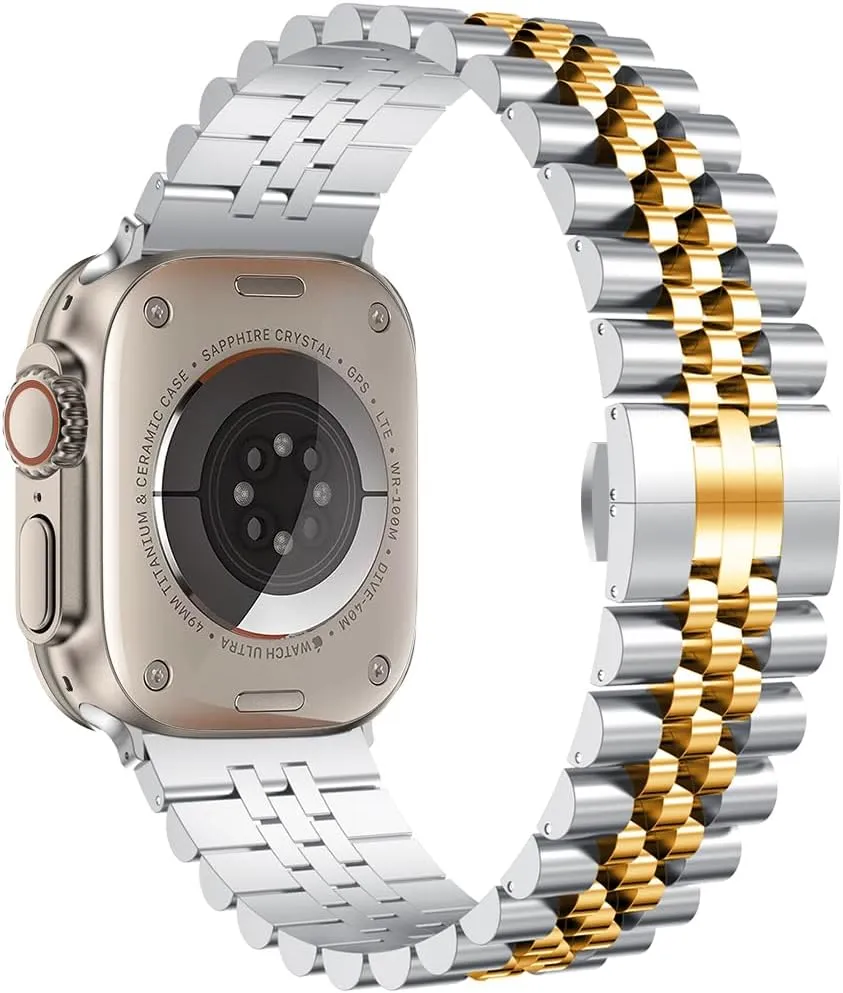 baozai Compatible with Apple Watch Band Ultra 2 Ultra 46mm 45mm 44mm, iWatch Series 10-1 SE Stainless Steel Strap with Butterfly Folding Clasp for Men, Silver/Gold