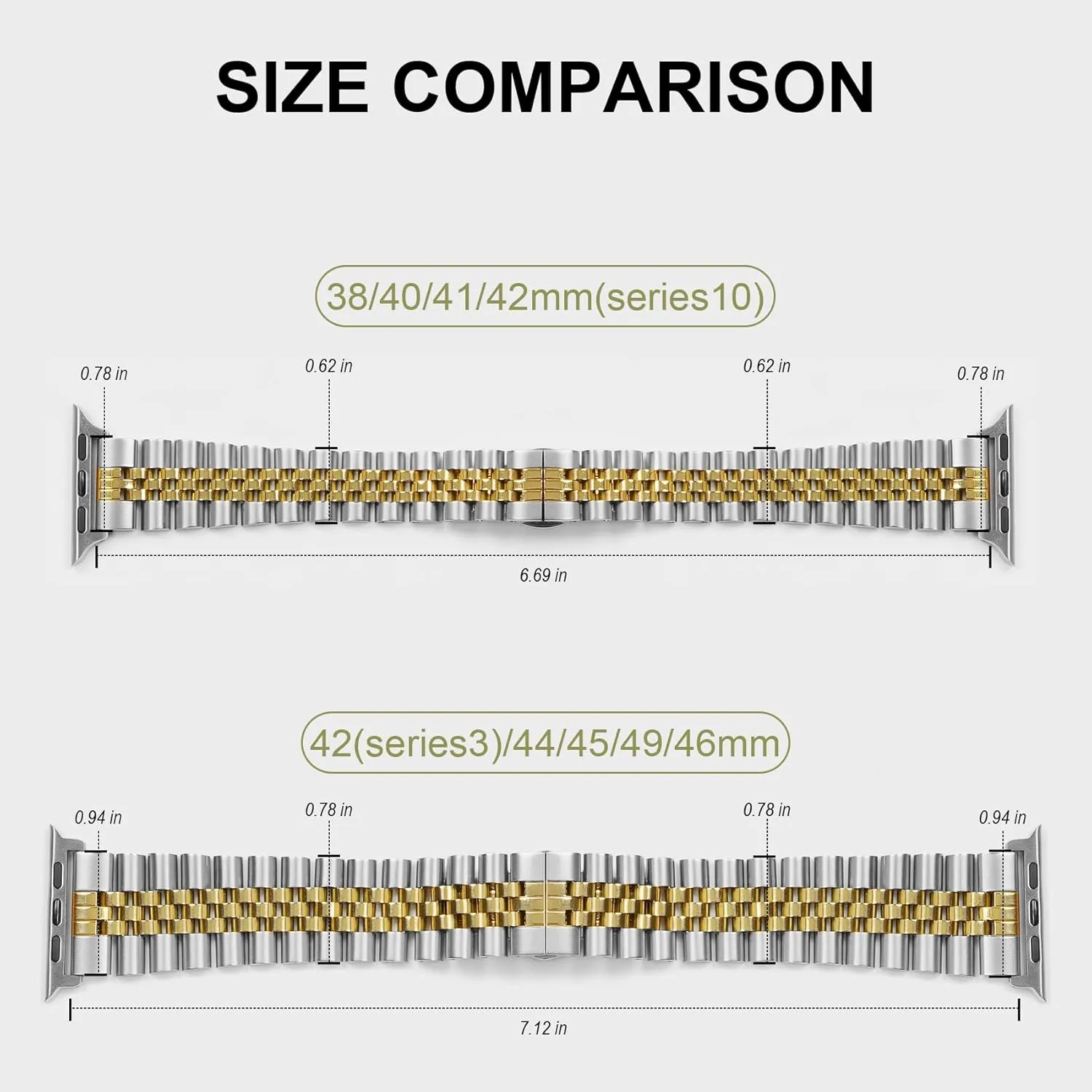 baozai Compatible with Apple Watch Band Ultra 2 Ultra 46mm 45mm 44mm, iWatch Series 10-1 SE Stainless Steel Strap with Butterfly Folding Clasp for Men, Silver/Gold