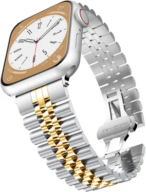 baozai Compatible with Apple Watch Band Ultra 2 Ultra 46mm 45mm 44mm, iWatch Series 10-1 SE Stainless Steel Strap with Butterfly Folding Clasp for Men, Silver/Gold
