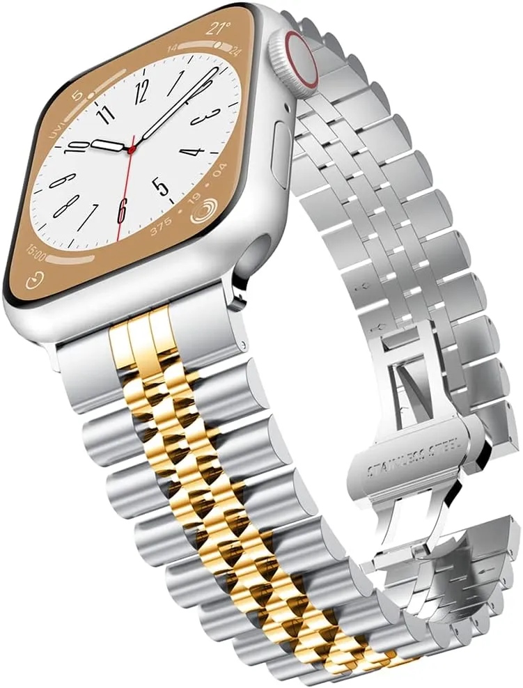 baozai Compatible with Apple Watch Band Ultra 2 Ultra 46mm 45mm 44mm, iWatch Series 10-1 SE Stainless Steel Strap with Butterfly Folding Clasp for Men, Silver/Gold