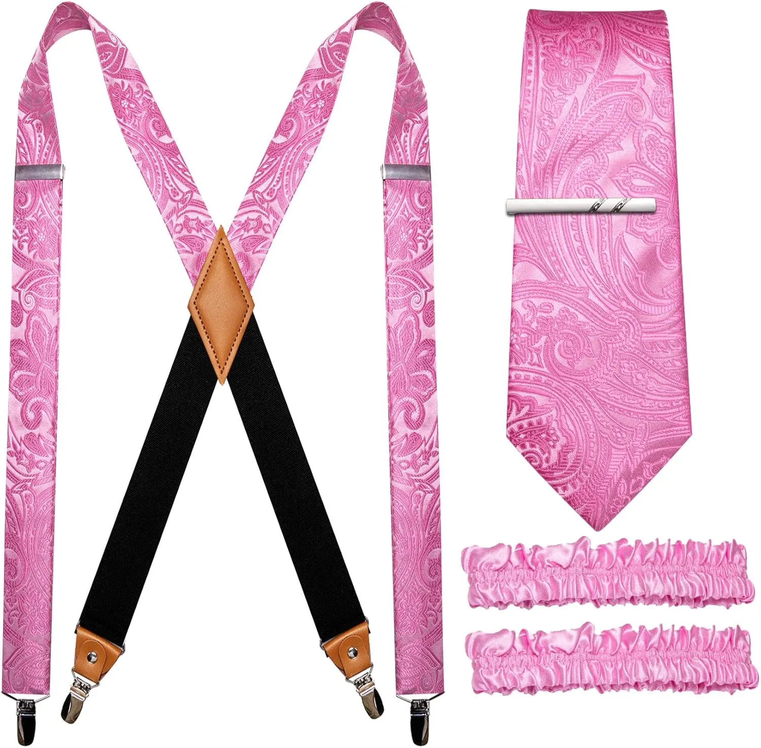 Barry.Wang Paisley Men Suspenders Set X Type Necktie Armband Tie Clip Formal Gatsby Costume Wedding Party Prom