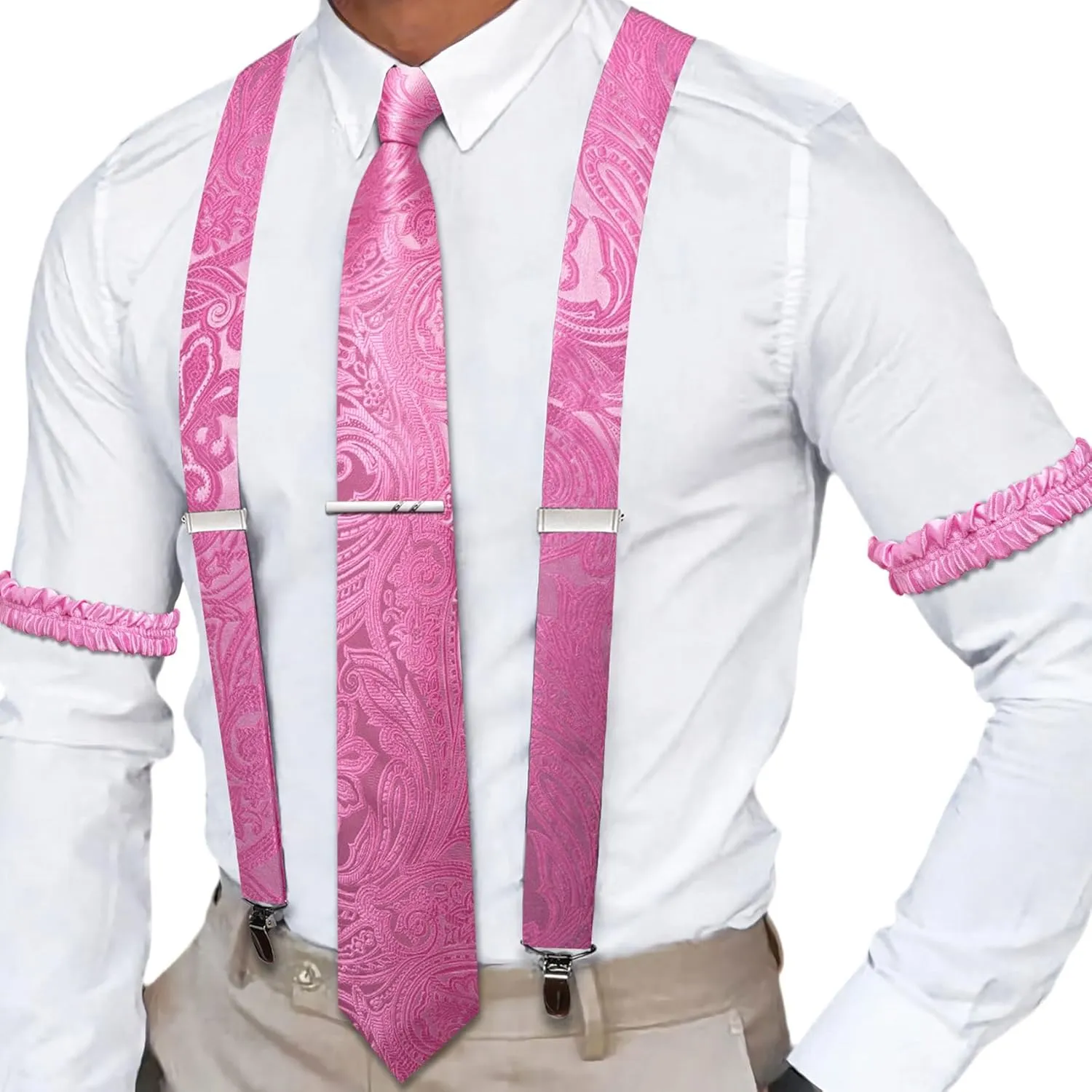 Barry.Wang Paisley Men Suspenders Set X Type Necktie Armband Tie Clip Formal Gatsby Costume Wedding Party Prom