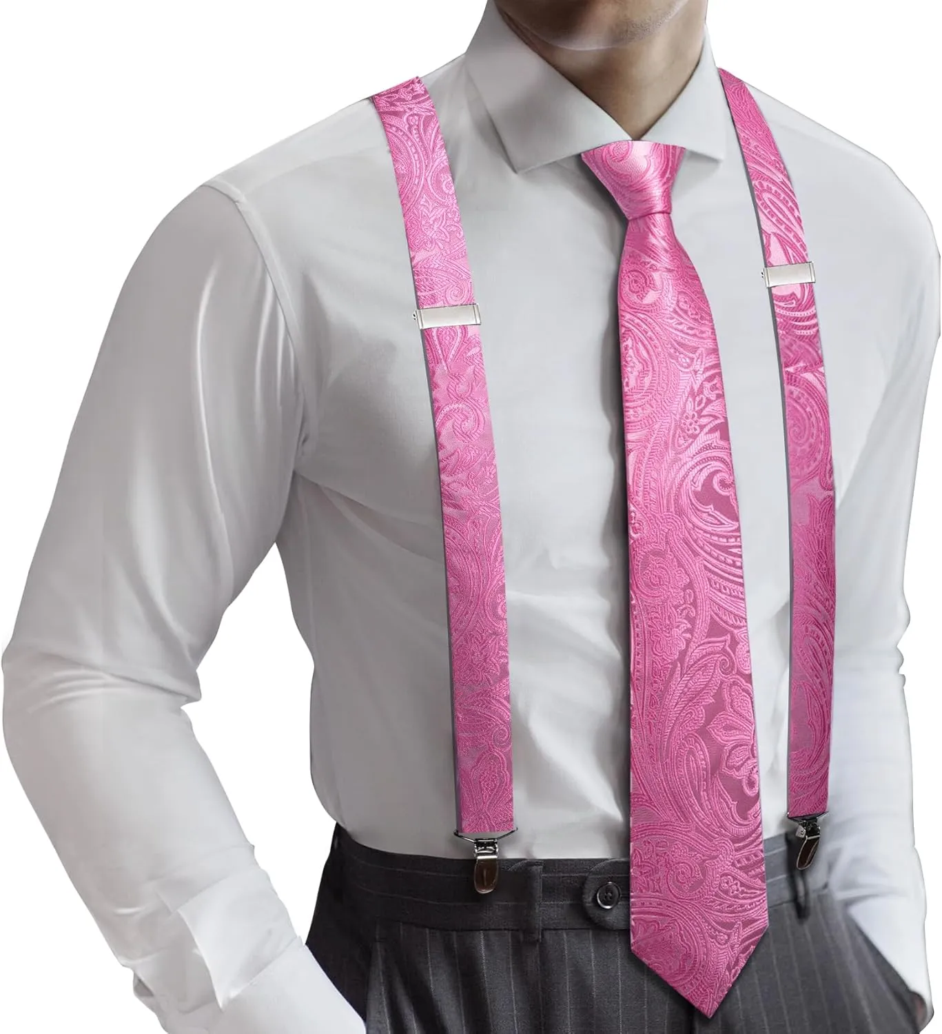 Barry.Wang Paisley Men Suspenders Set X Type Necktie Armband Tie Clip Formal Gatsby Costume Wedding Party Prom