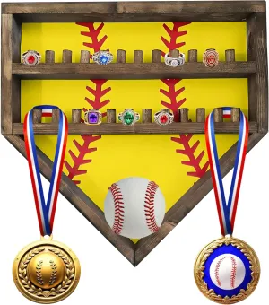 Baseball Softball Basketball Ring Holder - 24 Ring Post Wooden Display Case for Sports Medals - Wall Mount (Yellow)