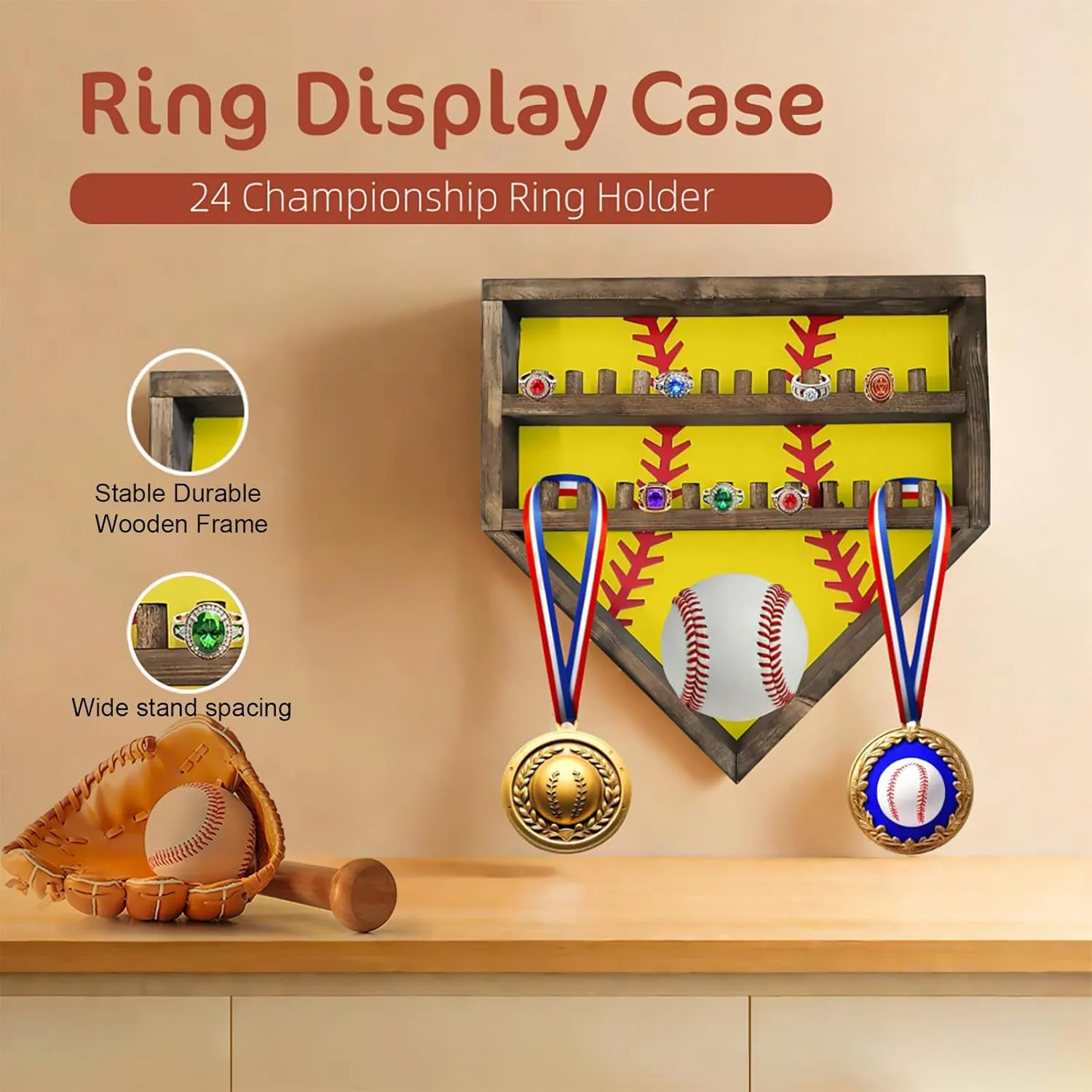 Baseball Softball Basketball Ring Holder - 24 Ring Post Wooden Display Case for Sports Medals - Wall Mount (Yellow)