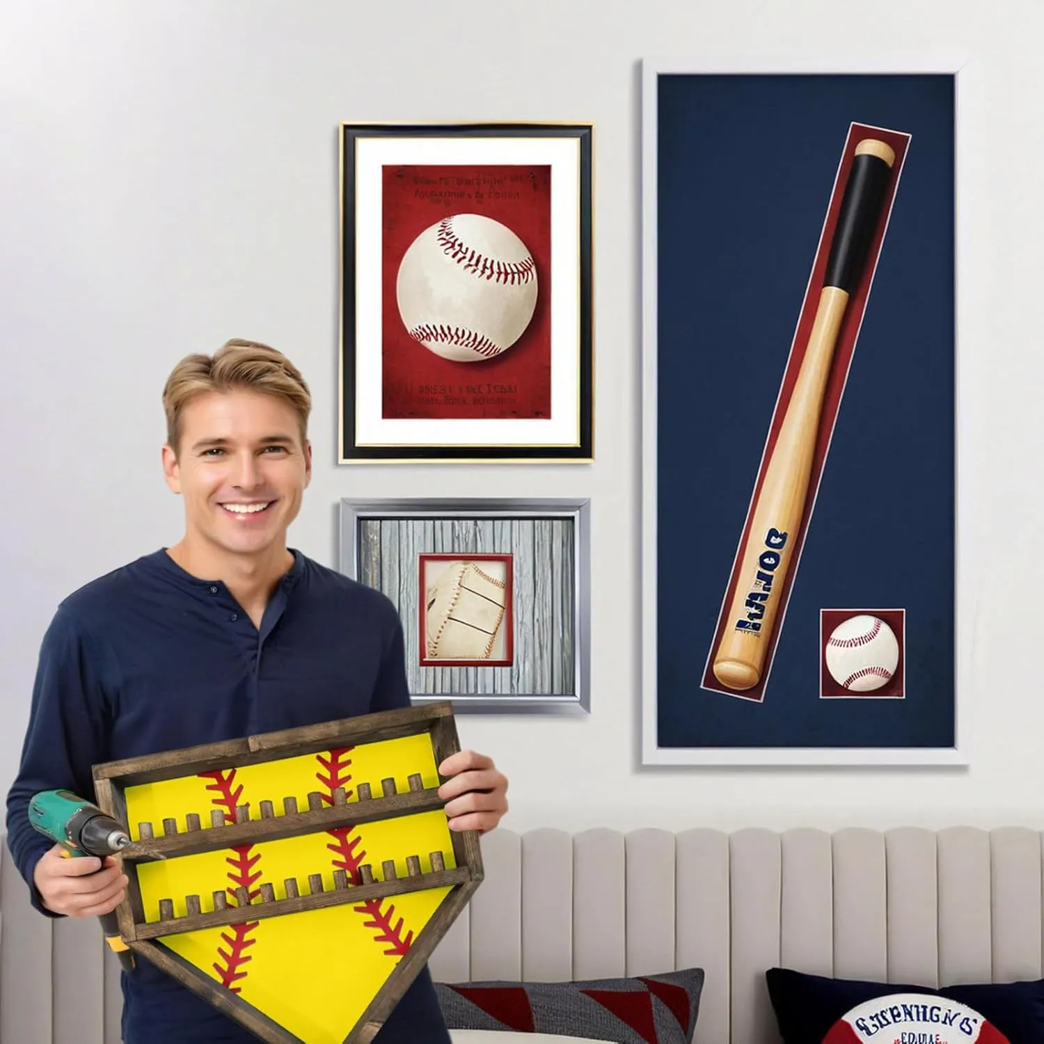 Baseball Softball Basketball Ring Holder - 24 Ring Post Wooden Display Case for Sports Medals - Wall Mount (Yellow)