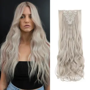 Benehair 8PCS Clip in Hair Extensions Ash Blonde Mix Silver Grey Seamless Double Weft Wavy Curly Full Head 18 Clips Women Colorful Hairpiece 24" Curly Tangle-free Silky Soft Party