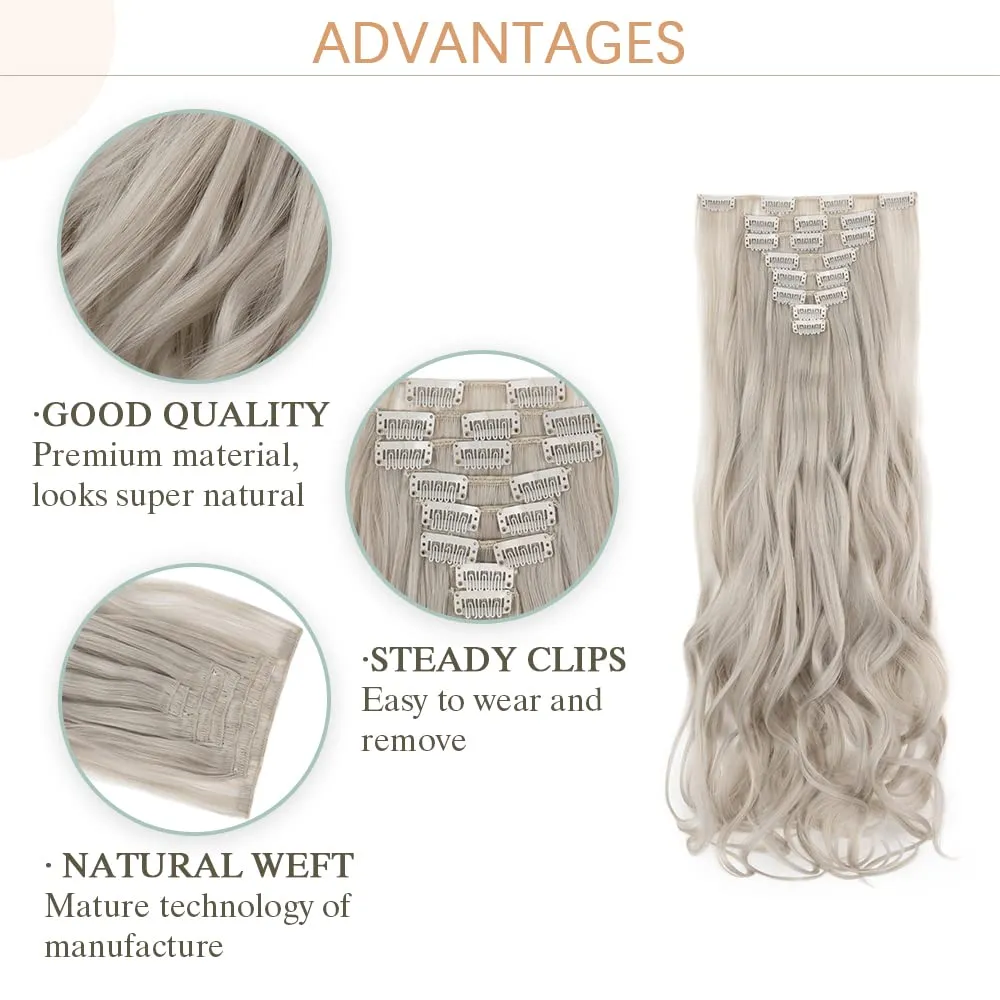 Benehair 8PCS Clip in Hair Extensions Ash Blonde Mix Silver Grey Seamless Double Weft Wavy Curly Full Head 18 Clips Women Colorful Hairpiece 24" Curly Tangle-free Silky Soft Party
