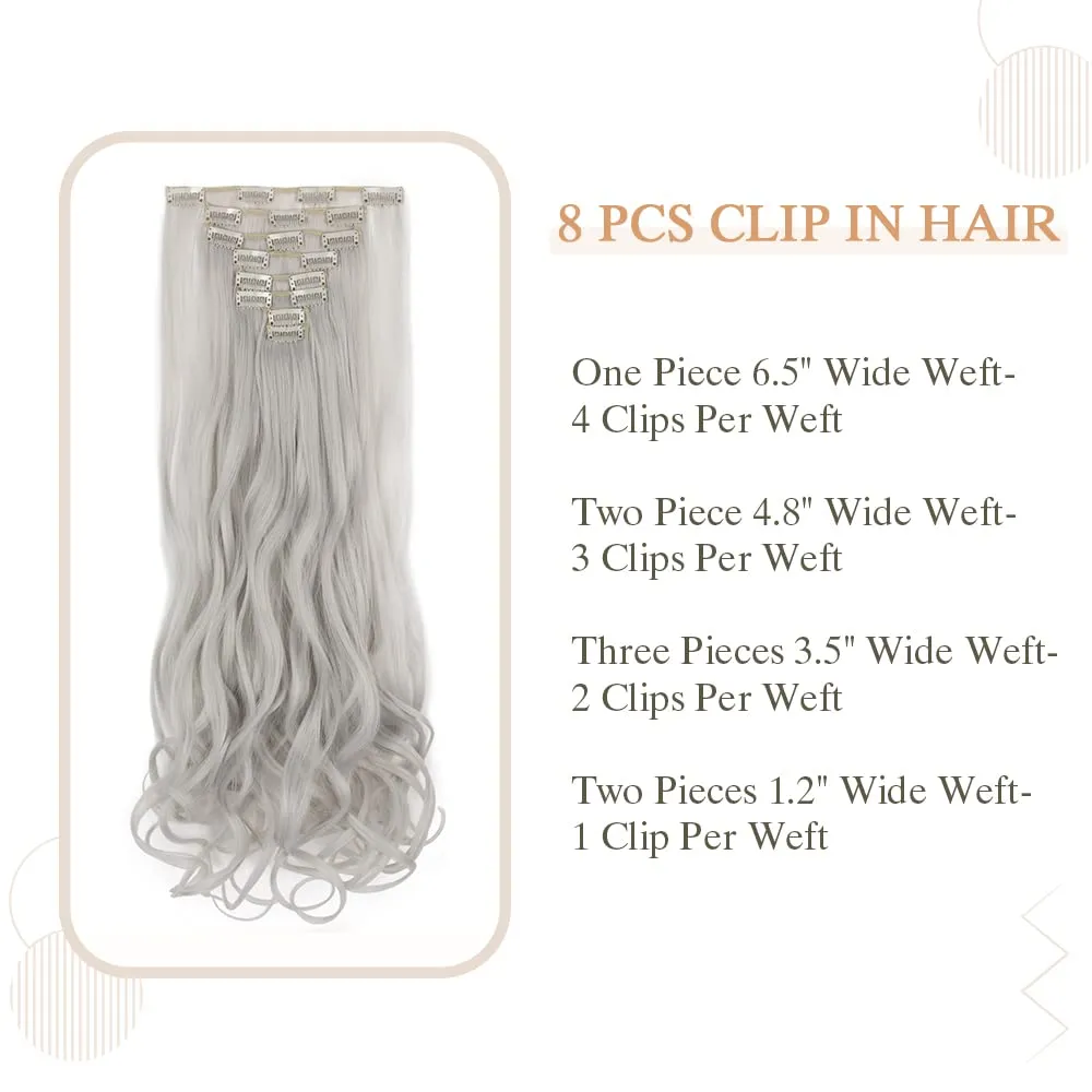 Benehair 8PCS Clip in Hair Extensions Ash Blonde Mix Silver Grey Seamless Double Weft Wavy Curly Full Head 18 Clips Women Colorful Hairpiece 24" Curly Tangle-free Silky Soft Party