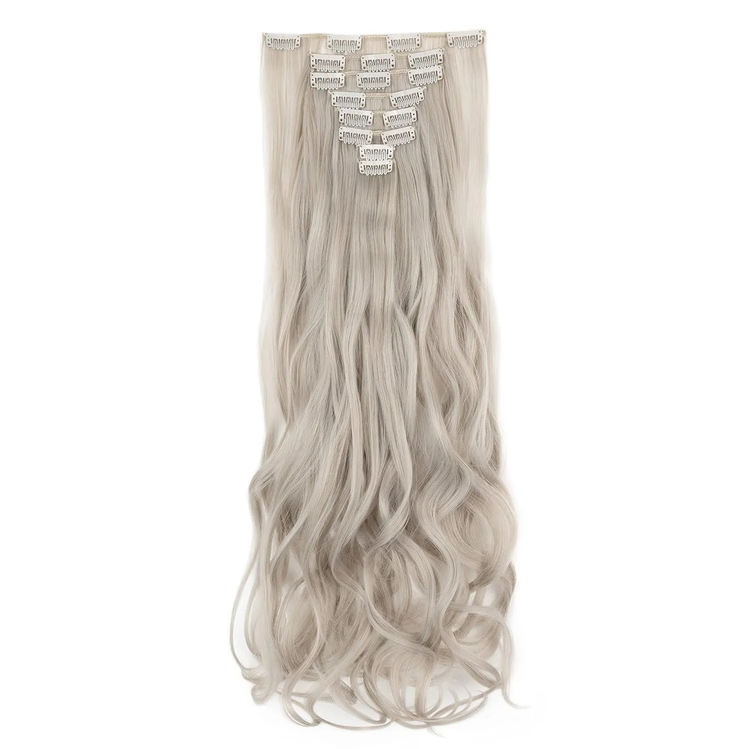 Benehair 8PCS Clip in Hair Extensions Ash Blonde Mix Silver Grey Seamless Double Weft Wavy Curly Full Head 18 Clips Women Colorful Hairpiece 24" Curly Tangle-free Silky Soft Party