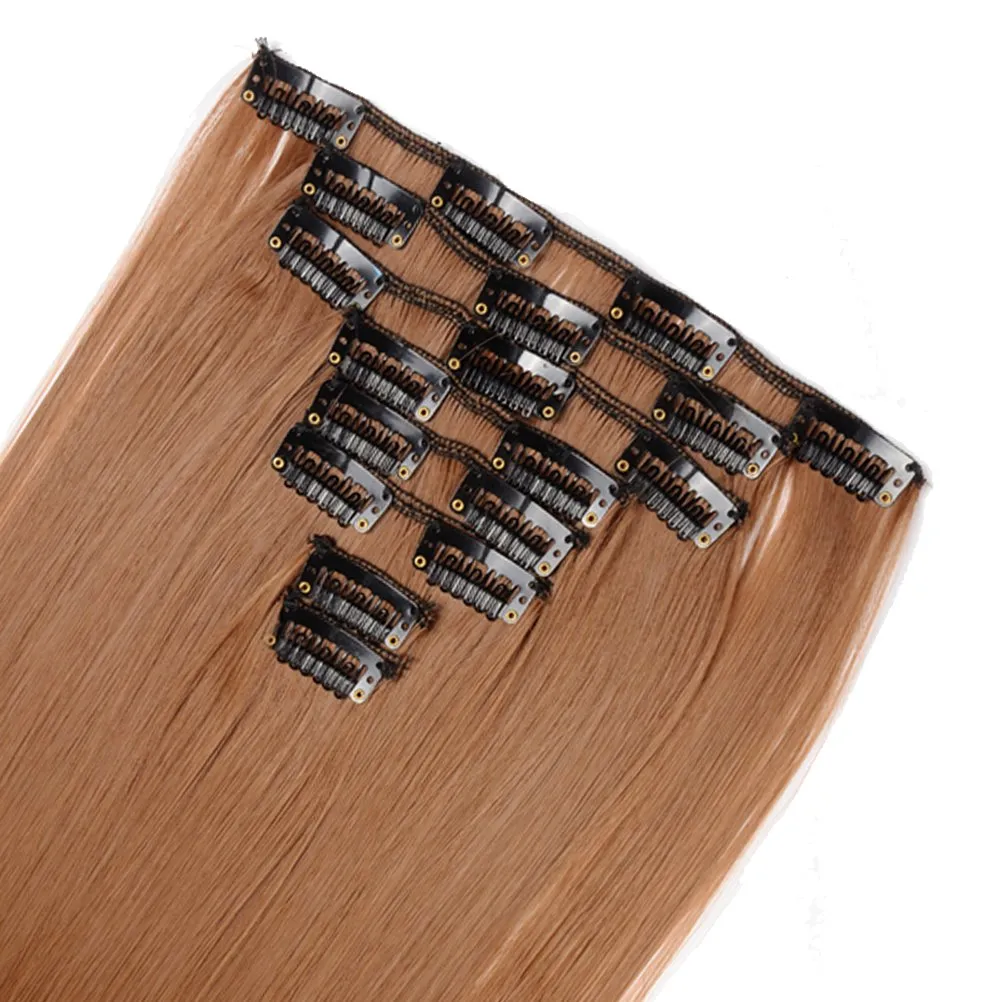 Benehair Clip in Hair Extensions 8PCS 23inch Long Straight Synthetic Hairpieces Light Auburn Hair Extensions Double Weft Hairpieces for Women Full Head Cosplay Party Wedding Hairpiece