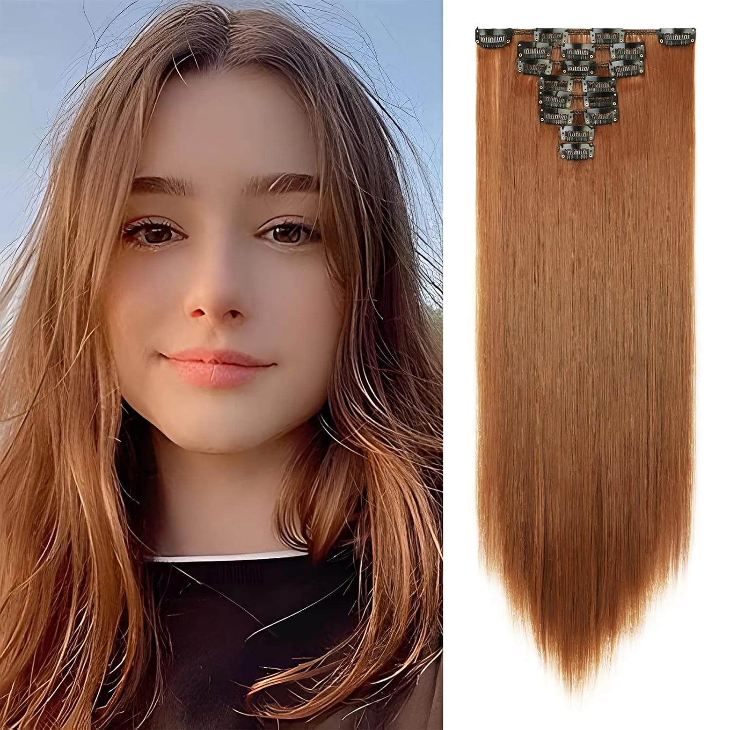 Benehair Clip in Hair Extensions 8PCS 23inch Long Straight Synthetic Hairpieces Light Auburn Hair Extensions Double Weft Hairpieces for Women Full Head Cosplay Party Wedding Hairpiece