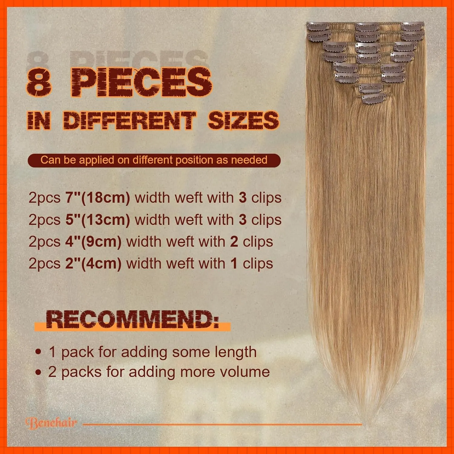 Benehair Clip in Hair Extensions Real Human Hair Black Hair Extensions Clip in Human Hair Long Straight Remy Natural Full Head 8pcs Real Hair Extensions for Women 10inch #27 Dark Blonde